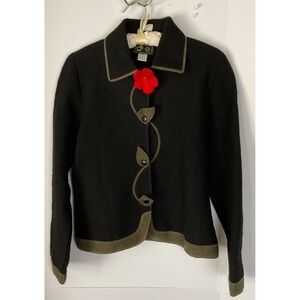 South Wool Womens M Black Boiled Virgin Wool Jacket Red Poppy Flower vintage